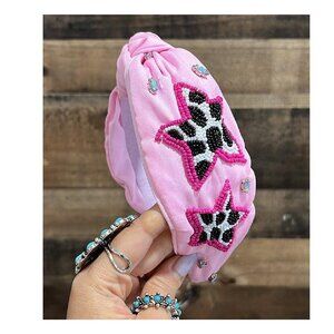 Pink Western Boho Cow Print Star & Crystals Cowgirl Seed Beaded Headband NEW